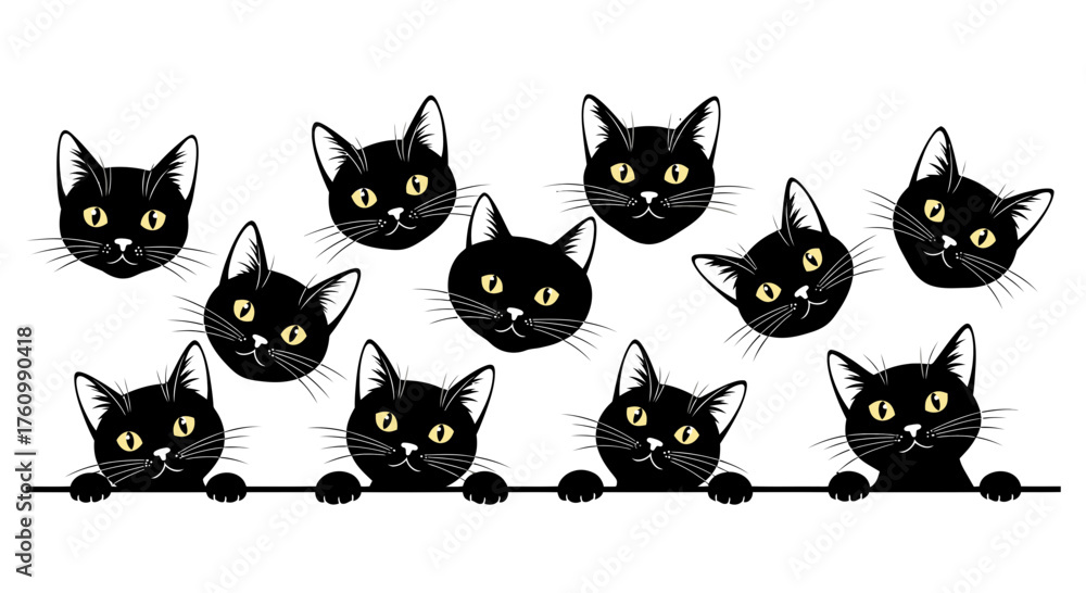 Fototapeta premium A group of cute black cats with bright yellow eyes are peering over a horizontal ledge in a.