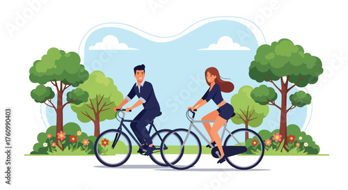 A flat style vector showing a romantic couple joyfully riding bicycles in a sunny park surrounded by nature and flowers, symbolizing healthy lifestyle, love, and outdoor happiness