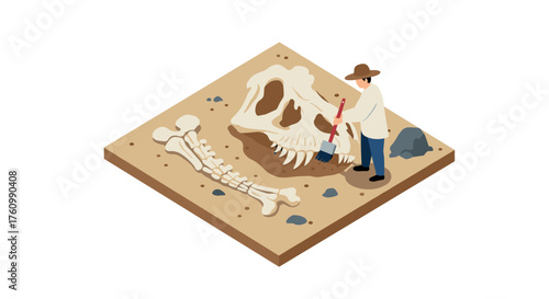 Archaeologist uncovers dinosaur fossil with brush in isometric sandbox scene