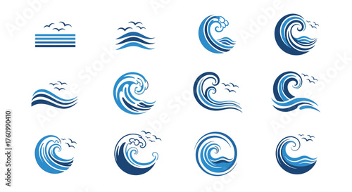 Collection of twelve ocean wave icons with birds flying above the water, representing sea elements.