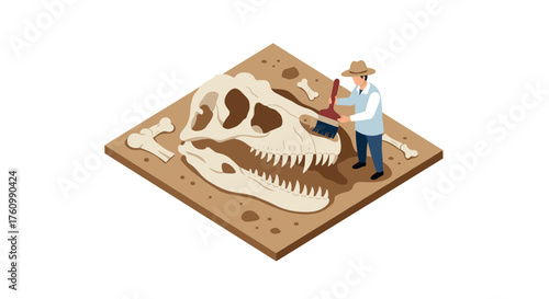 Isometric paleontologist uncovers dinosaur fossil on excavation site