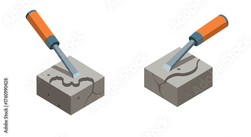 Isometric chisel and stone blocks depicting craftsmanship and precision