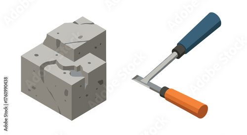 Isometric rock and chisel tools for crafting and sculpture art projects