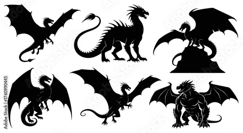 Silhouettes of mythical dragons in various poses and forms create a striking visual collection.