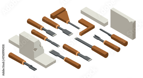 Isometric carpenter tools set with wooden handles and blocks