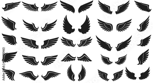 Collection of various wing shapes in black silhouette, ideal for symbolic or decorative.