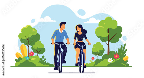 A flat style vector showing a romantic couple joyfully riding bicycles in a sunny park surrounded by nature and flowers, symbolizing healthy lifestyle, love, and outdoor happiness