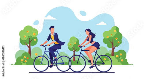 A flat style vector showing a romantic couple joyfully riding bicycles in a sunny park surrounded by nature and flowers, symbolizing healthy lifestyle, love, and outdoor happiness