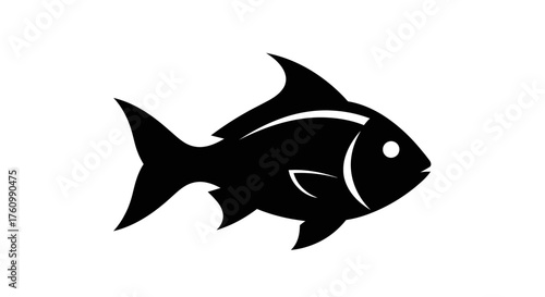 A simple black silhouette of a fish is depicted against a stark white backdrop.