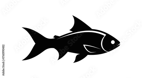 A simple black silhouette of a fish swimming, isolated on a white, perfect for minimalistic icons.