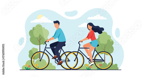 A flat style vector showing a romantic couple joyfully riding bicycles in a sunny park surrounded by nature and flowers, symbolizing healthy lifestyle, love, and outdoor happiness
