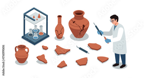Archaeologist restoring ancient pottery with tools in isometric design