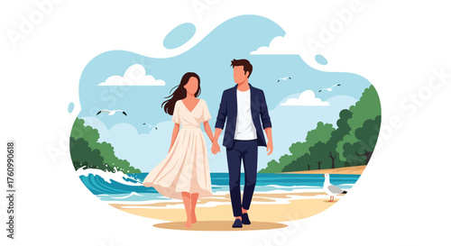 A romantic flat vector of a couple holding hands walking by the sea at sunset, ocean waves and sky behind them, representing love, peace, and togetherness