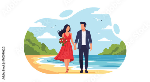 A romantic flat vector of a couple holding hands walking by the sea at sunset, ocean waves and sky behind them, representing love, peace, and togetherness