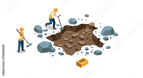 Isometric miners excavating large pit with pickaxes and rocks