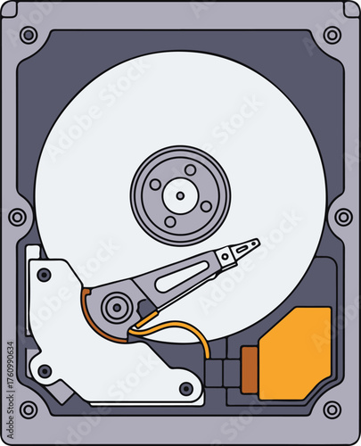 Internal view of a hard disk drive (HDD) showing the platters and read/write head, detailed technical line vector illustration