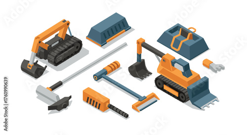 Isometric construction equipment parts set for industrial design and development projects