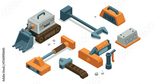 Isometric construction tools and equipment collection in orange and gray tones