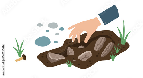 Hand planting seeds in soil with pebbles and grass in minimalist style