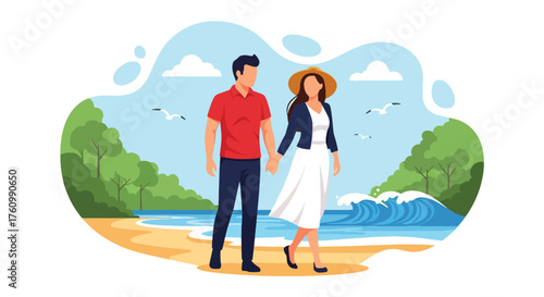 A romantic flat vector of a couple holding hands walking by the sea at sunset, ocean waves and sky behind them, representing love, peace, and togetherness