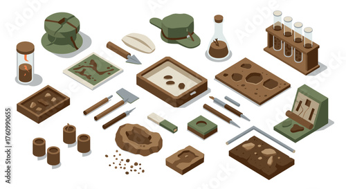 Isometric archaeology tools and artifacts collection for historical exploration
