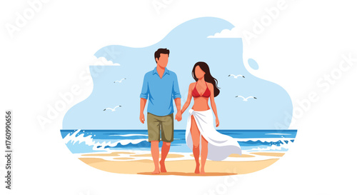 A romantic flat vector of a couple holding hands walking by the sea at sunset, ocean waves and sky behind them, representing love, peace, and togetherness