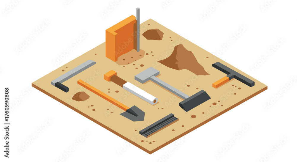 Obraz premium Isometric construction tools on sandy ground