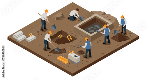 Construction site with workers digging and building in isometric view
