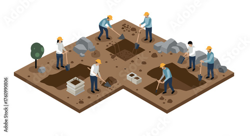 Isometric construction workers digging foundations on site