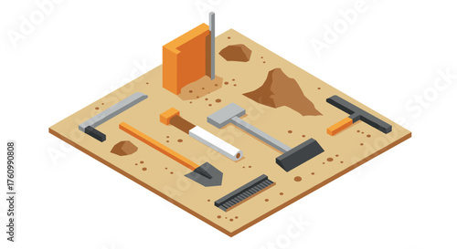 Isometric construction tools on sandy ground