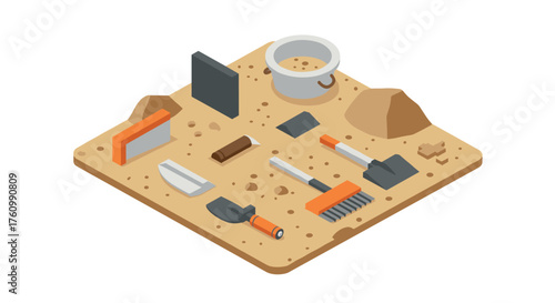 Isometric garden tools on sand background 3d design