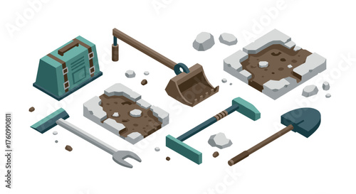 Isometric construction tools and excavation equipment set on white background