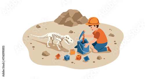 Young paleontologist discovering dinosaur fossils with excavation tools on site