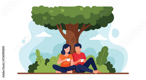 A flat style illustration of a romantic couple sitting under a big tree sharing coffee in calm natural scenery, minimalist warm tone outdoor illustration