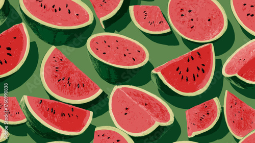 Seamless watermelon pattern with sliced fruits on fresh green background, modern vector texture for summer, food, and healthy lifestyle designs.