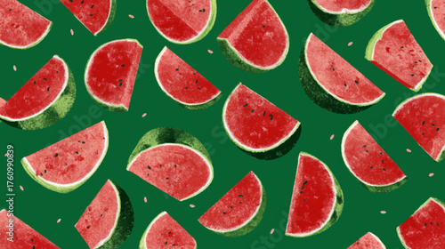 Seamless watermelon pattern with sliced fruits on fresh green background, modern vector texture for summer, food, and healthy lifestyle designs.