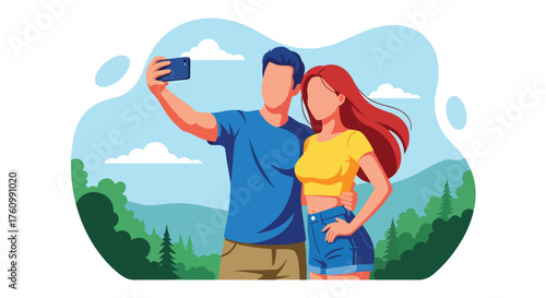 A flat vector illustration of romantic couple taking selfie on mountain top under blue sky, representing adventure, travel, and togetherness