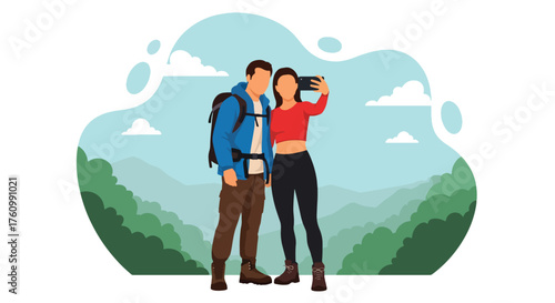 A flat vector illustration of romantic couple taking selfie on mountain top under blue sky, representing adventure, travel, and togetherness