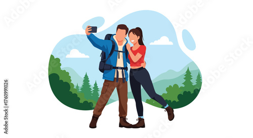 A flat vector illustration of romantic couple taking selfie on mountain top under blue sky, representing adventure, travel, and togetherness