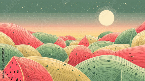 Dreamlike surreal landscape of stylized watermelon hills under moonlight and stars, vibrant pastel vector for creative summer and food designs.