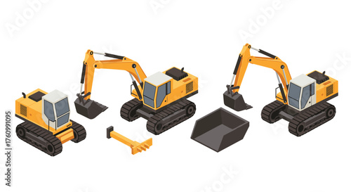 Isometric construction vehicles set: detailed excavators and interchangeable attachments