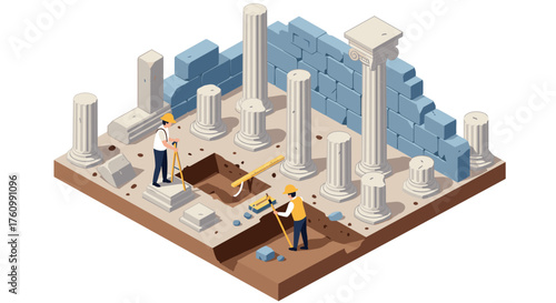 Isometric archaeological dig with ancient columns and architects in action