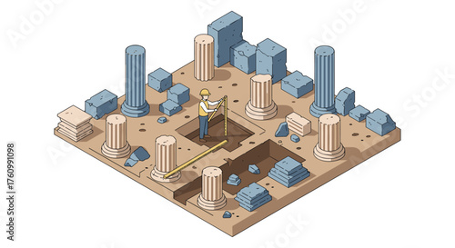 Archaeologist exploring ancient ruins in isometric style