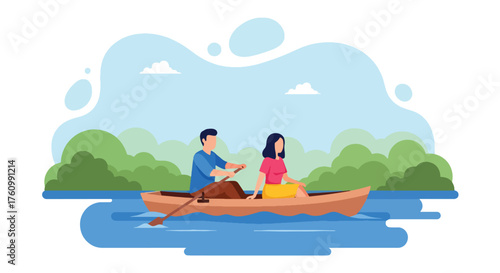 A calm flat vector showing romantic couple rowing boat on serene lake surrounded by trees, peaceful outdoor love and leisure theme