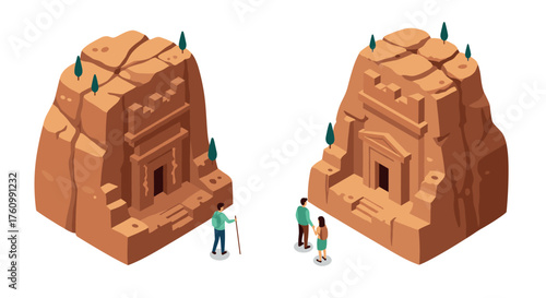 Ancient rock carved temples with tourists in isometric style on a white background