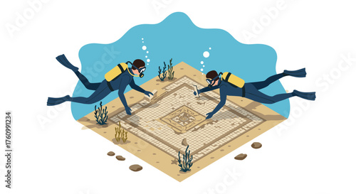 Underwater archaeologists exploring ancient submerged structure