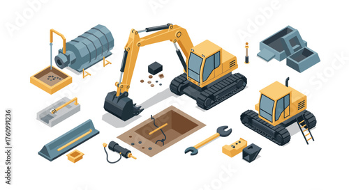 Isometric construction equipment and tools set for modern engineering projects