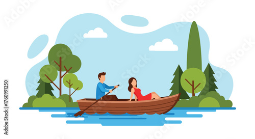 A calm flat vector showing romantic couple rowing boat on serene lake surrounded by trees, peaceful outdoor love and leisure theme