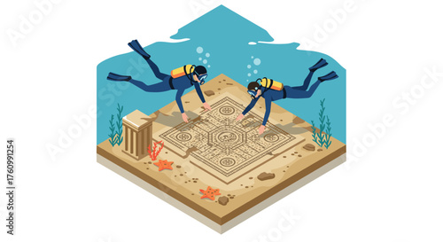 Divers exploring ancient underwater ruins in isometric style