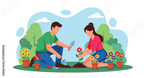 A flat vector illustration of romantic couple planting flowers together in backyard garden, symbolizing teamwork, care, and love for nature